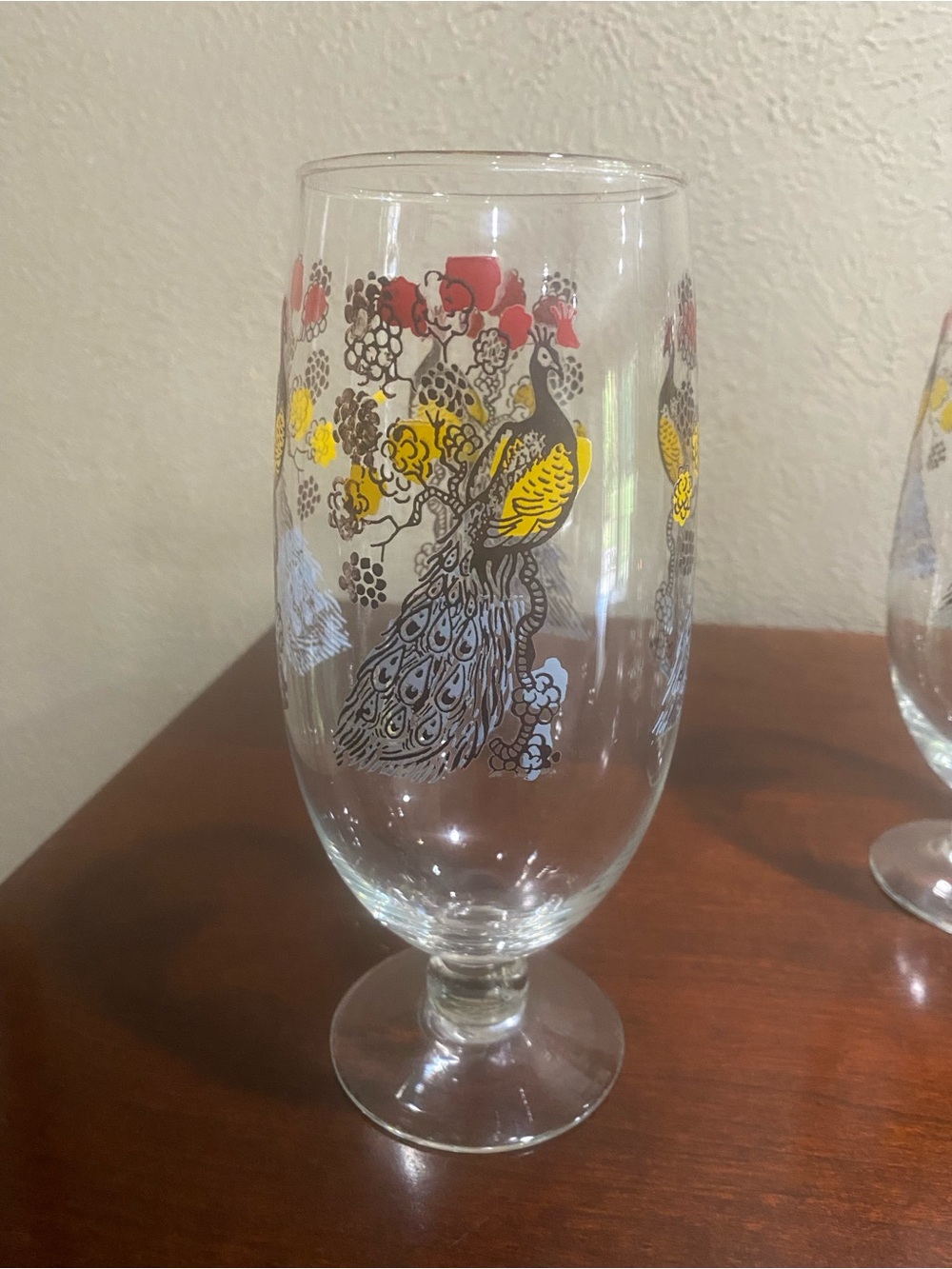 Vintage, Set of 6, Mid Century Modern Goblets with a ScreenPrinted Peacock Motif